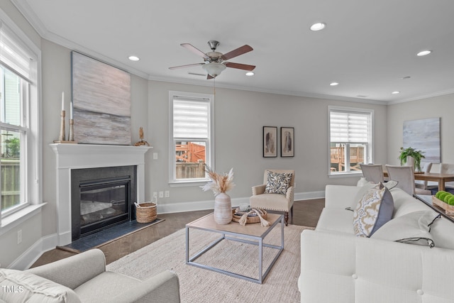 1017 Blackpool Ct, Apex, NC 27502 - living area with recessed lighting, ornamental molding, wood finished floors, a ceiling fan, and a fireplace