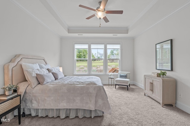 1017 Blackpool Ct, Apex, NC 27502 - bedroom with a tray ceiling, crown molding, light colored carpet, and ceiling fan