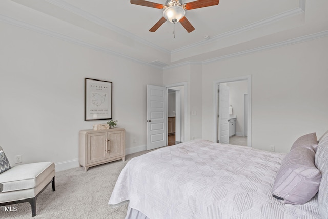 1017 Blackpool Ct, Apex, NC 27502 - bedroom with a raised ceiling, light colored carpet, ornamental molding, ensuite bathroom, and a ceiling fan