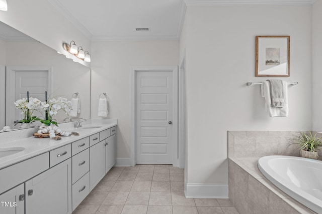 1017 Blackpool Ct, Apex, NC 27502 - bathroom with double vanity, tile patterned flooring, a bath, and crown molding