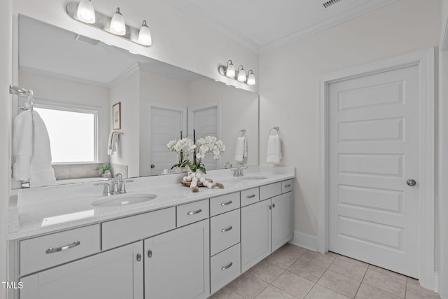 1017 Blackpool Ct, Apex, NC 27502 - full bath featuring double vanity, tile patterned floors, and crown molding