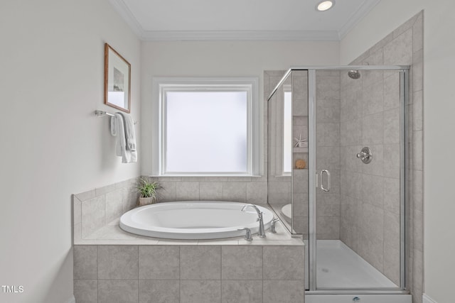 1017 Blackpool Ct, Apex, NC 27502 - full bathroom featuring a bath, a stall shower, and ornamental molding