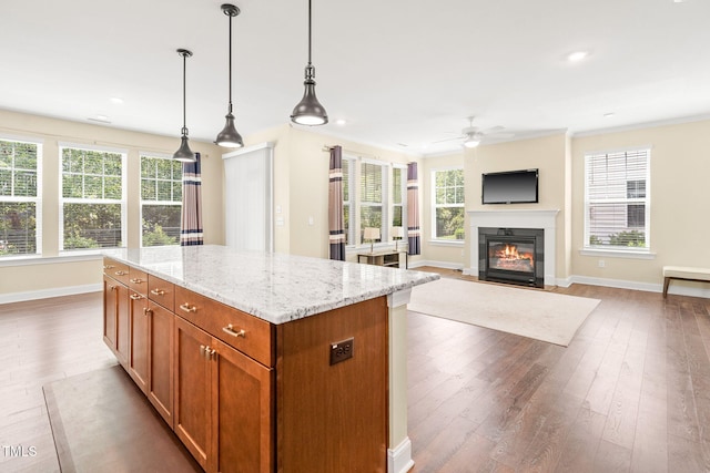 424 Shale Creek Dr, Durham, NC 27703 - kitchen featuring wood finished floors, a fireplace with flush hearth, a ceiling fan, recessed lighting, and pendant lighting