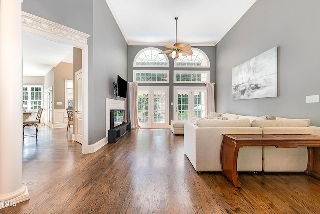 3712 Highland Creek Dr, Apex, NC 27539 - living room with crown molding, ceiling fan, dark wood finished floors, a glass covered fireplace, and a high ceiling