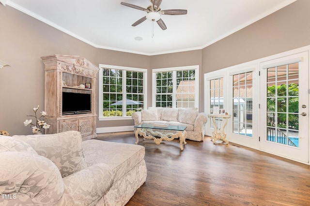3712 Highland Creek Dr, Apex, NC 27539 - living room featuring a ceiling fan, wood finished floors, and ornamental molding