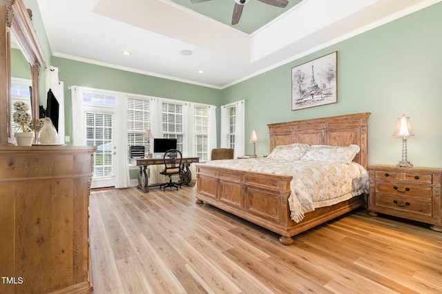 3712 Highland Creek Dr, Apex, NC 27539 - bedroom featuring an office area, light wood-type flooring, access to exterior, multiple windows, and crown molding