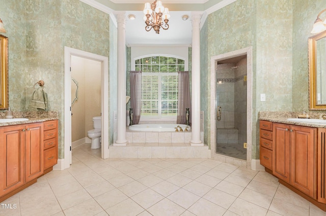 3712 Highland Creek Dr, Apex, NC 27539 - full bathroom featuring vanity, crown molding, tile patterned flooring, a shower stall, and a garden tub