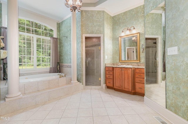 3712 Highland Creek Dr, Apex, NC 27539 - full bathroom featuring ornamental molding, vanity, a shower stall, a bath, and tile patterned flooring