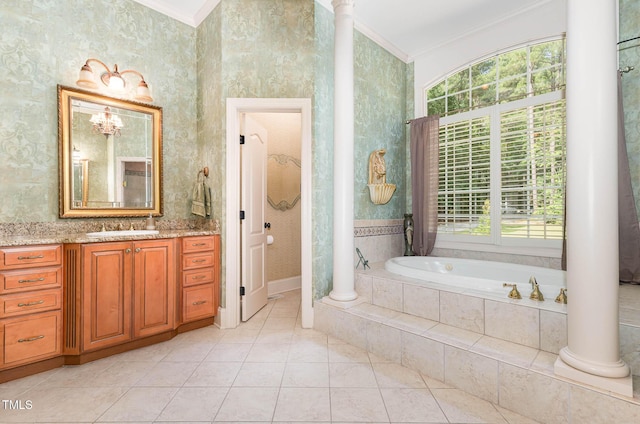 3712 Highland Creek Dr, Apex, NC 27539 - bathroom featuring ornamental molding, vanity, a bath, and tile patterned flooring