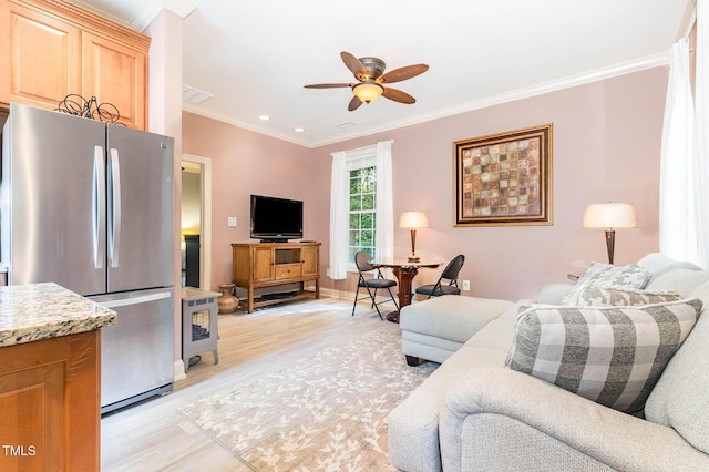 3712 Highland Creek Dr, Apex, NC 27539 - living area with a ceiling fan, light wood-type flooring, ornamental molding, and recessed lighting