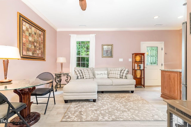 3712 Highland Creek Dr, Apex, NC 27539 - living area featuring crown molding, light wood-style flooring, and recessed lighting