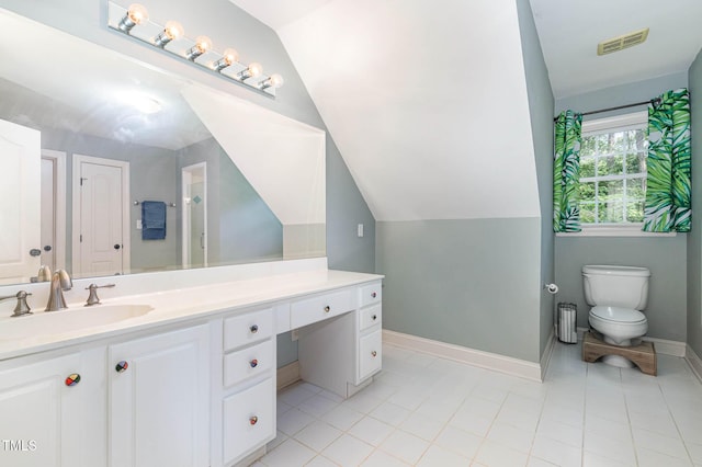 3712 Highland Creek Dr, Apex, NC 27539 - full bathroom featuring lofted ceiling, vanity, and tile patterned floors
