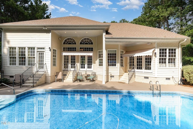 3712 Highland Creek Dr, Apex, NC 27539 - outdoor pool with french doors, a patio, and entry steps