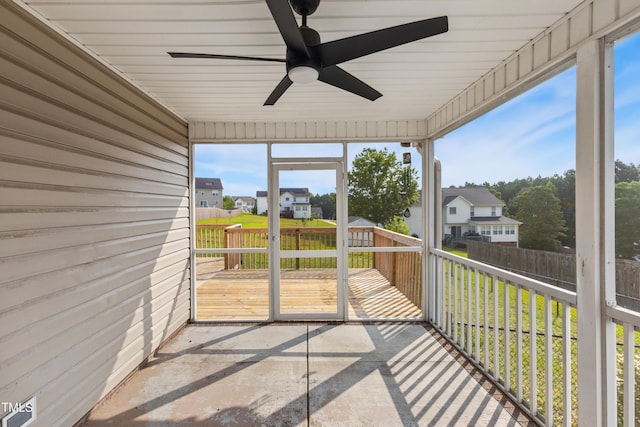 193 Checkmate Ct, Cameron, NC 28326 - unfurnished sunroom featuring ceiling fan, a residential view, and healthy amount of natural light