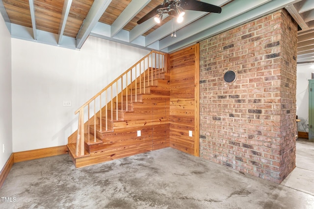2419 Hodges Rd, Burlington, NC 27217 - staircase with wood walls, a wood ceiling with exposed beams, and a ceiling fan