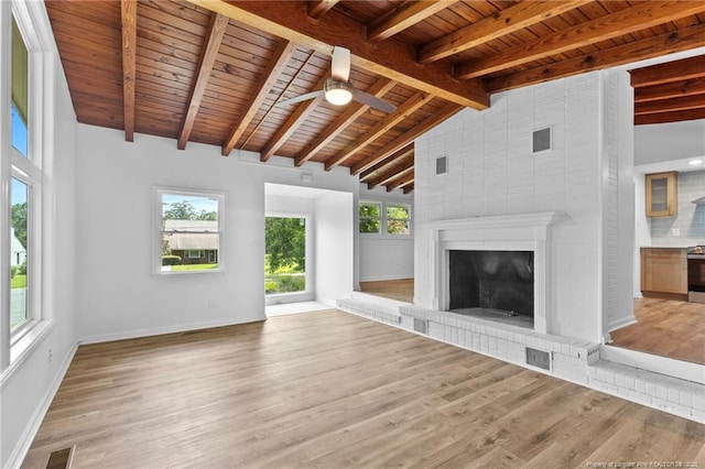 1814 Sunnyside Cir, Fayetteville, NC 28305 - unfurnished living room featuring wood ceiling, wood finished floors, a ceiling fan, and a fireplace