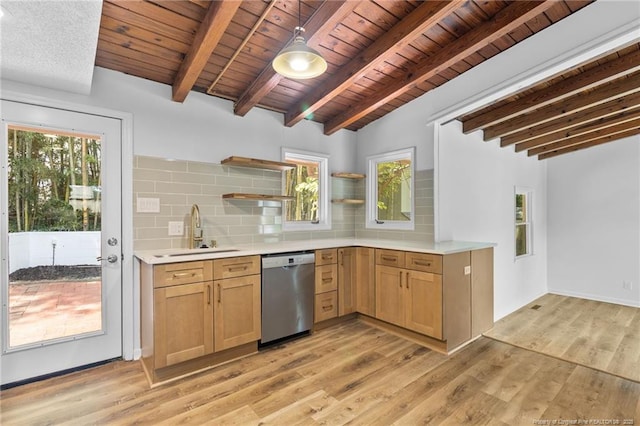 1814 Sunnyside Cir, Fayetteville, NC 28305 - kitchen with stainless steel dishwasher, open shelves, light countertops, decorative backsplash, and a wooden ceiling with exposed beams