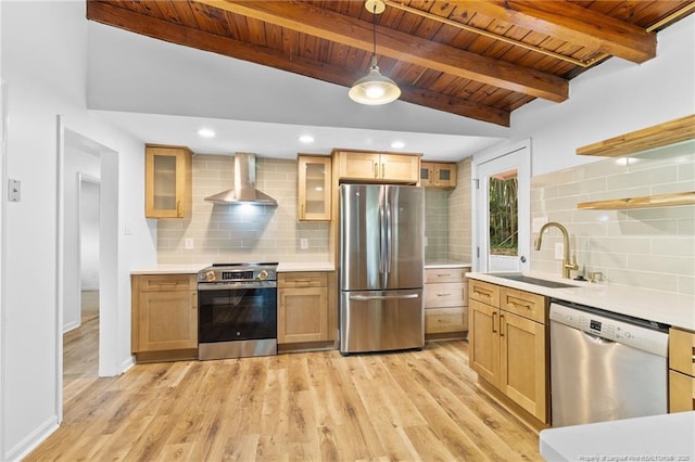 1814 Sunnyside Cir, Fayetteville, NC 28305 - kitchen featuring appliances with stainless steel finishes, wall chimney range hood, wooden ceiling, decorative backsplash, and glass insert cabinets