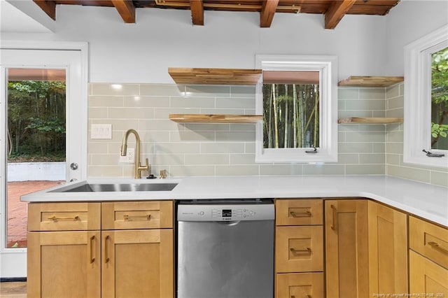 1814 Sunnyside Cir, Fayetteville, NC 28305 - kitchen with open shelves, stainless steel dishwasher, beam ceiling, decorative backsplash, and light countertops