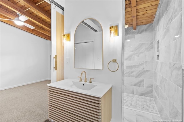1814 Sunnyside Cir, Fayetteville, NC 28305 - bathroom with a wooden ceiling with exposed beams, vanity, and tiled shower