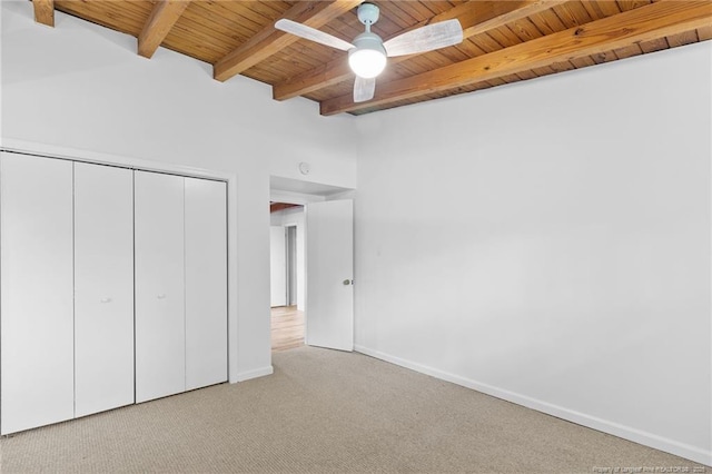 1814 Sunnyside Cir, Fayetteville, NC 28305 - unfurnished bedroom with a wood ceiling with exposed beams, carpet flooring, a closet, and a ceiling fan