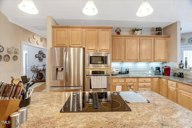 1421 Hopson Downs Ct, Holly Springs, NC 27540 - kitchen with appliances with stainless steel finishes, backsplash, pendant lighting, light stone countertops, and light brown cabinets