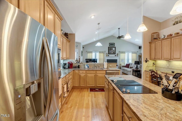 1421 Hopson Downs Ct, Holly Springs, NC 27540 - kitchen featuring appliances with stainless steel finishes, open floor plan, lofted ceiling, ceiling fan, and light wood-style flooring