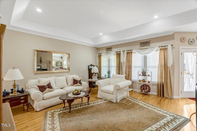 1421 Hopson Downs Ct, Holly Springs, NC 27540 - living room featuring a raised ceiling, light wood-style floors, and recessed lighting