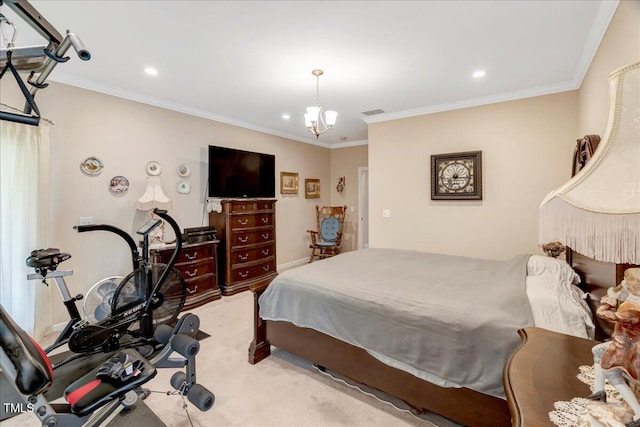 1421 Hopson Downs Ct, Holly Springs, NC 27540 - bedroom with ornamental molding, a chandelier, recessed lighting, and light colored carpet