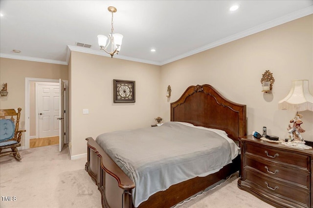 1421 Hopson Downs Ct, Holly Springs, NC 27540 - bedroom featuring a chandelier, light colored carpet, ornamental molding, and recessed lighting