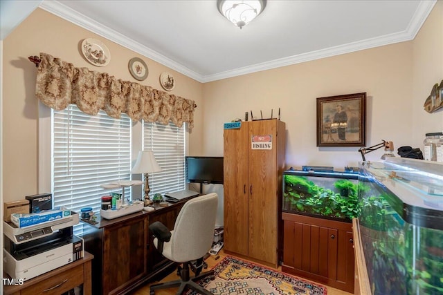 1421 Hopson Downs Ct, Holly Springs, NC 27540 - home office with ornamental molding and light wood-style flooring