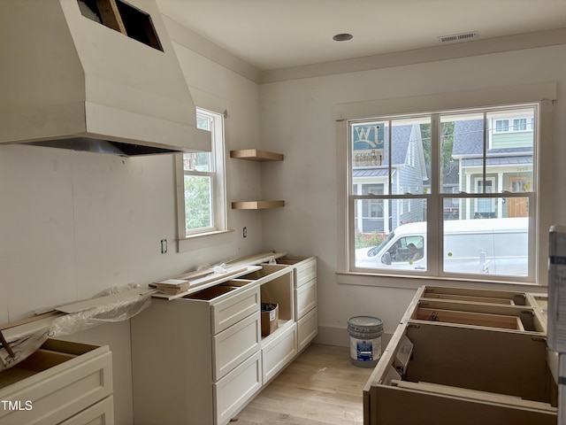 2658 Lawndale Ave, Durham, NC 27705 - kitchen with custom exhaust hood, plenty of natural light, light wood-style flooring, and white cabinetry