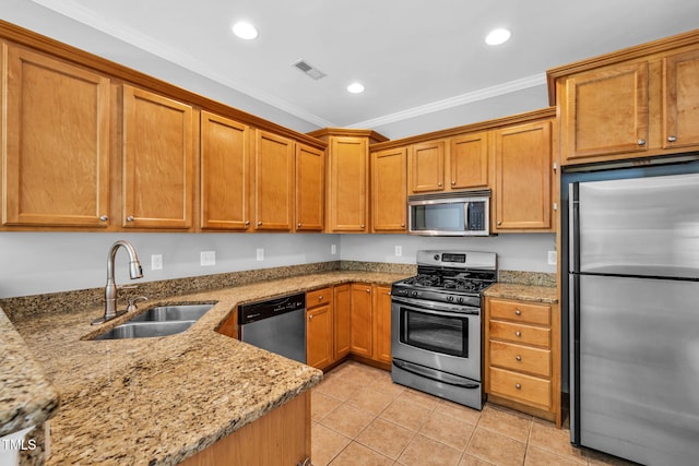 5515 S Roxboro St Unit 3, Durham, NC 27713 - kitchen featuring stainless steel appliances, brown cabinets, ornamental molding, light stone counters, and light tile patterned flooring
