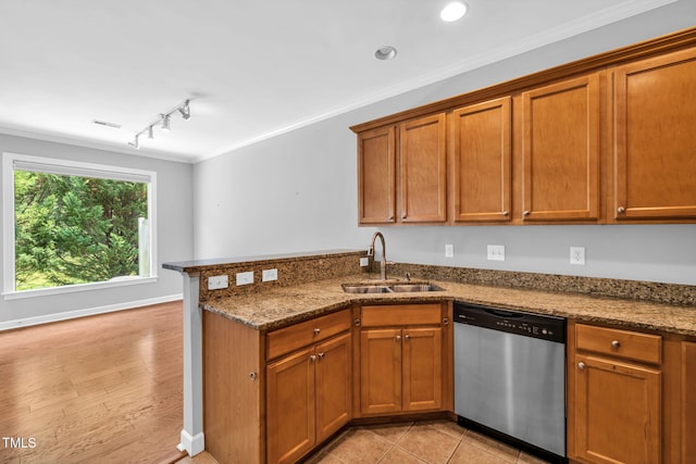 5515 S Roxboro St Unit 3, Durham, NC 27713 - kitchen featuring dishwasher, a peninsula, brown cabinetry, dark stone countertops, and ornamental molding