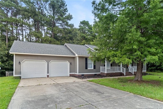 806 Eagle Landing Dr, Hope Mills, NC 28348 - view of front facade featuring concrete driveway, a garage, a porch, a front yard, and crawl space