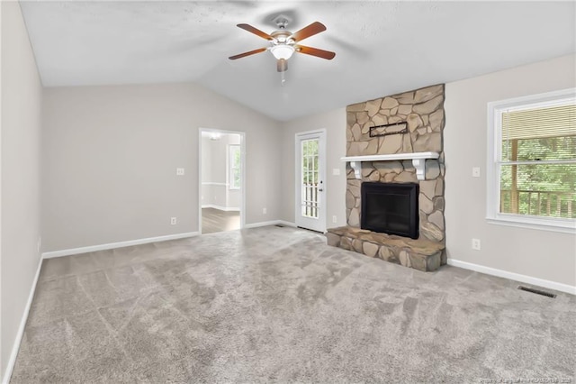 806 Eagle Landing Dr, Hope Mills, NC 28348 - unfurnished living room featuring a ceiling fan, carpet, lofted ceiling, and a fireplace