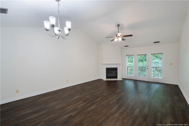 3401 Lainey Ln Unit D, Fayetteville, NC 28314 - unfurnished living room with dark wood-style flooring, lofted ceiling, a ceiling fan, a chandelier, and a glass covered fireplace