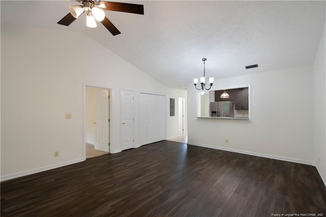 3401 Lainey Ln Unit D, Fayetteville, NC 28314 - unfurnished living room featuring a chandelier, electric panel, a ceiling fan, dark wood finished floors, and vaulted ceiling