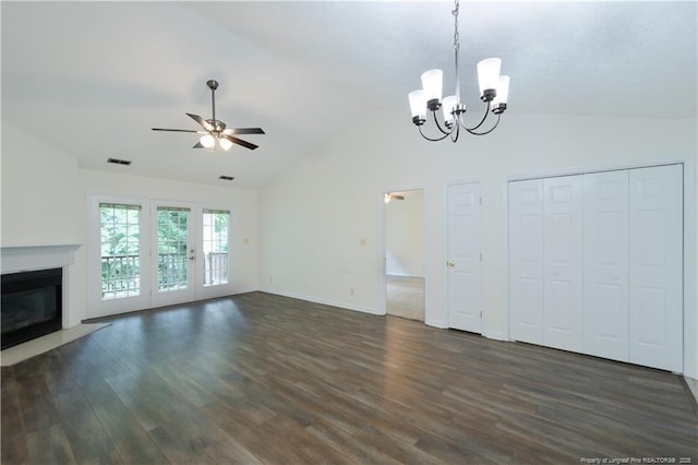 3401 Lainey Ln Unit D, Fayetteville, NC 28314 - unfurnished living room featuring a chandelier, a ceiling fan, lofted ceiling, dark wood-style flooring, and a fireplace