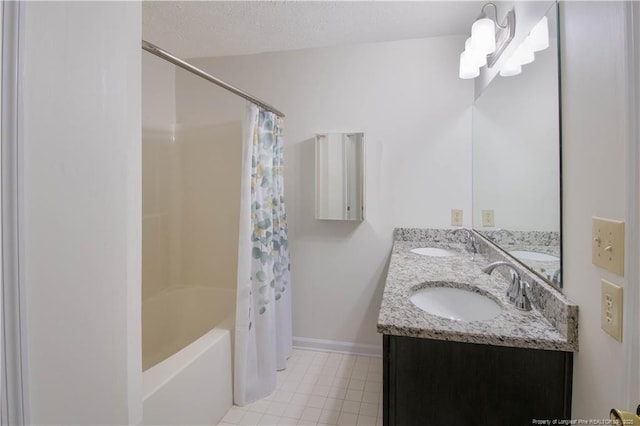 3401 Lainey Ln Unit D, Fayetteville, NC 28314 - full bath featuring double vanity, shower / tub combo, a textured ceiling, and tile patterned flooring