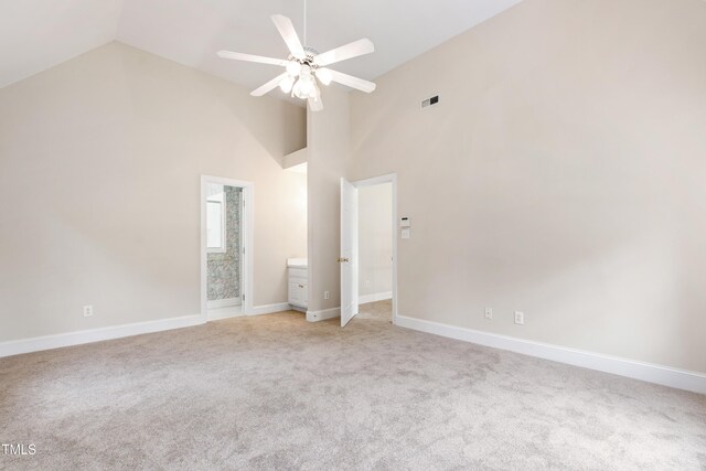 2464 Village Of Wakefield Dr, Zebulon, NC 27597 - unfurnished bedroom with high vaulted ceiling, light colored carpet, and ceiling fan