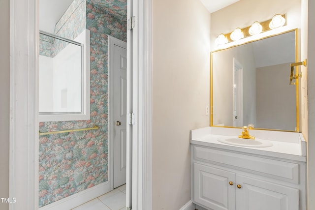 2464 Village Of Wakefield Dr, Zebulon, NC 27597 - bathroom with vanity, tile patterned flooring, and wallpapered walls