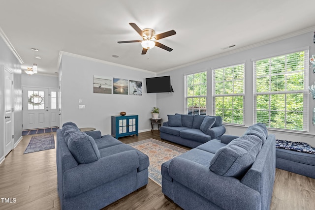 3801 Windsnap Dr, Wake Forest, NC 27587 - living area featuring ornamental molding, a ceiling fan, and wood finished floors