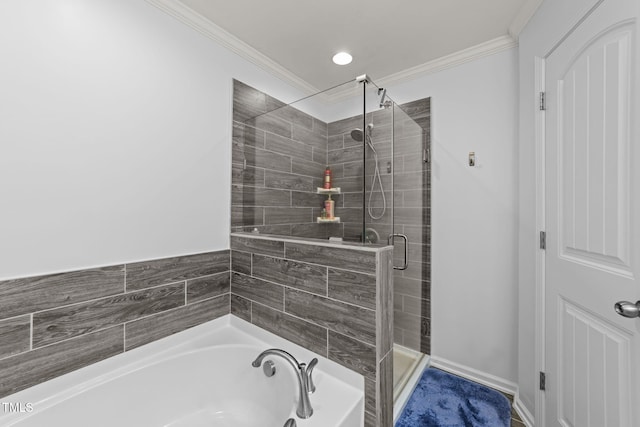 3801 Windsnap Dr, Wake Forest, NC 27587 - bathroom with a shower stall, a bath, and ornamental molding
