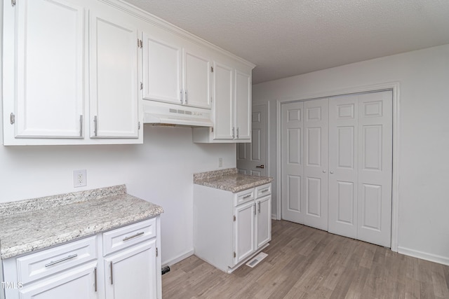 204 Mercer Ct, Goldsboro, NC 27530 - kitchen featuring under cabinet range hood, white cabinets, light wood finished floors, and a textured ceiling