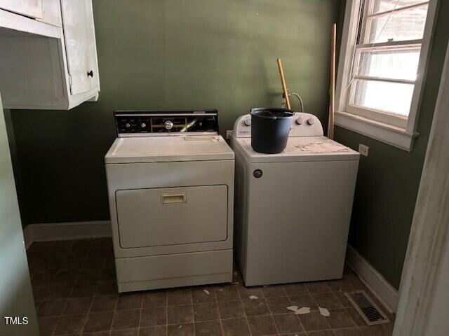 1414 Vickers Ave, Durham, NC 27707 - laundry area with washer and dryer, cabinet space, and dark tile patterned floors