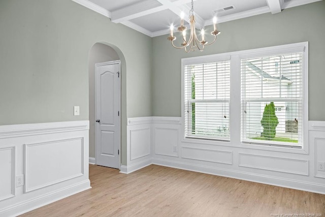 45 Commodore Ct, Cameron, NC 28326 - spare room featuring beam ceiling, light wood-type flooring, crown molding, a chandelier, and arched walkways