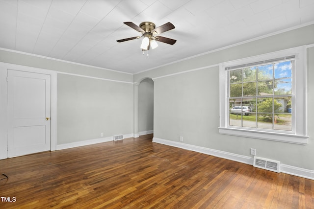 113 Herbert St, Durham, NC 27703 - unfurnished room featuring crown molding, hardwood / wood-style flooring, arched walkways, and a ceiling fan