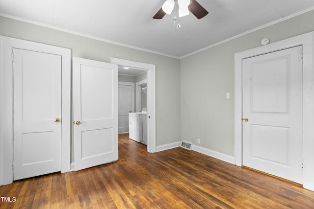 113 Herbert St, Durham, NC 27703 - unfurnished bedroom featuring ornamental molding, washer / clothes dryer, hardwood / wood-style floors, and a ceiling fan
