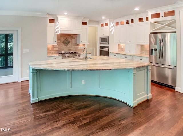 3575 Bragg Valley Ln, Wake Forest, NC 27587 - kitchen with stainless steel appliances, white cabinets, backsplash, recessed lighting, and dark wood-type flooring